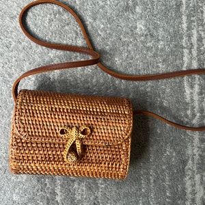 Rattan Woven Handbag with Leather Shoulder Strap